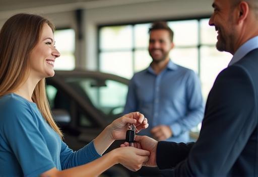 Customer happily receiving car keys after financing approval with a Sky Auto Sales representative
