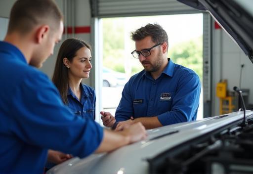 Sky Auto Sales staff member appraising a customer's trade-in vehicle