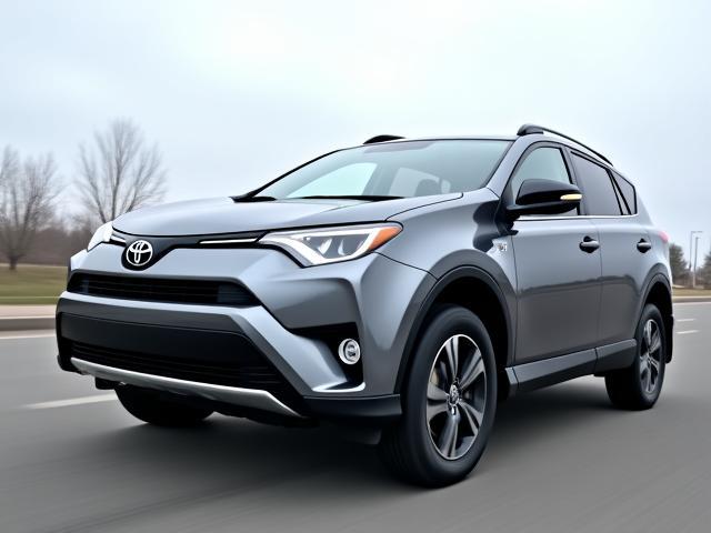 Angle view of a grey 2018 Toyota RAV4 LE